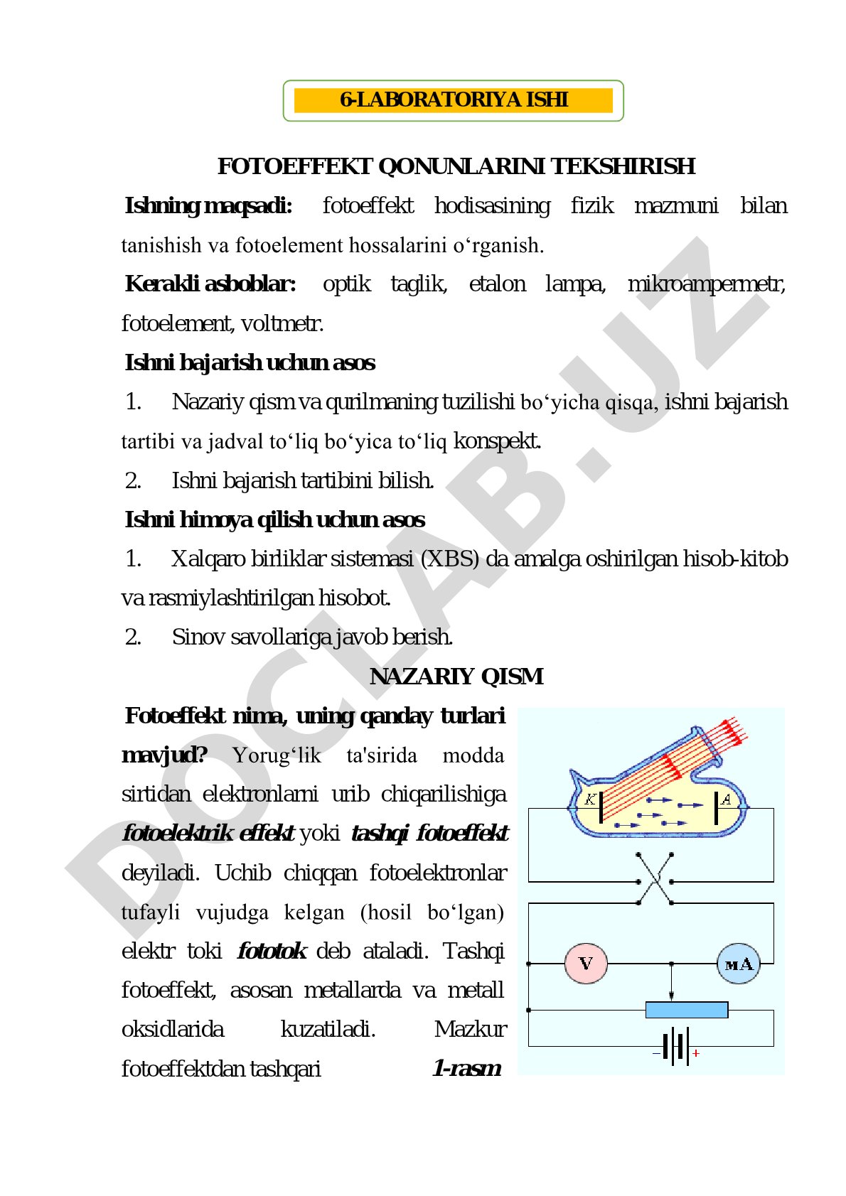 Fotoeffektning fizik mazmuni va fotoelement xossalarini o'rganish bo'yicha laboratoriya