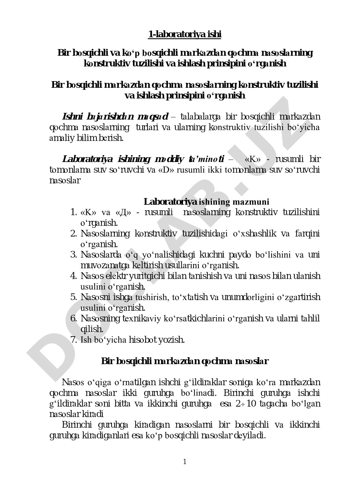 Bir bosqichli markazdan qochma nasoslarning konstruktiv tuzilishi va ishlash prinsipini