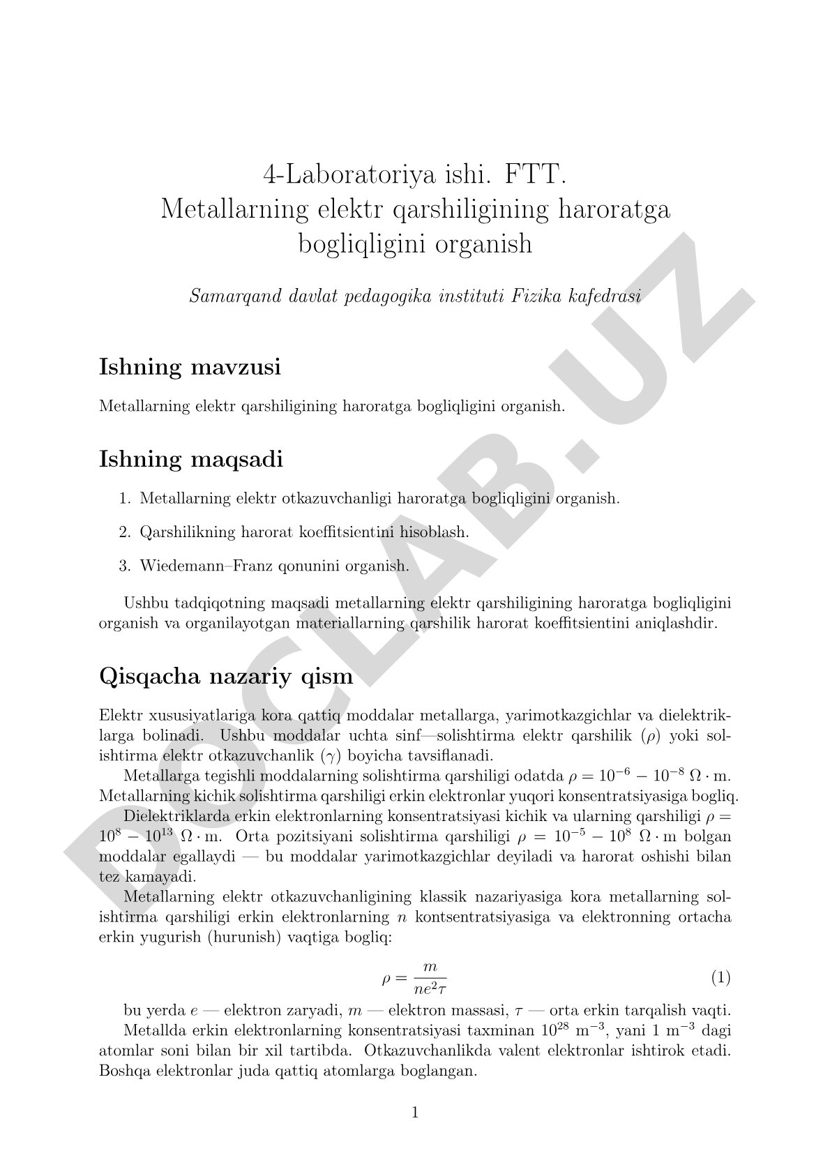 Metallarning elektr qarshiligining haroratga bogliqligini organish