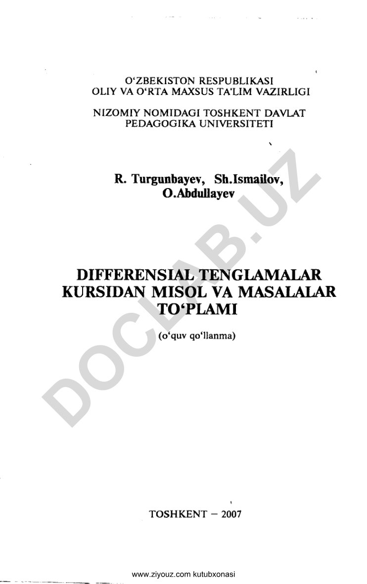 Differensial tenglamalar kursidan misol va masalalar to'plami
