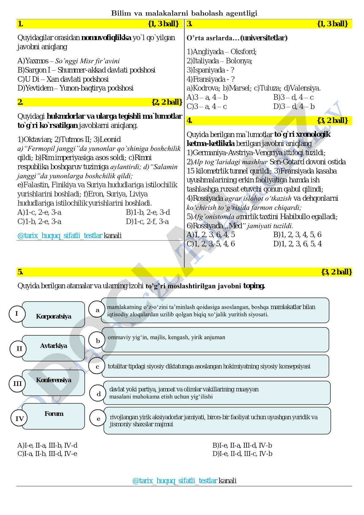 Tarix fanidan bilim va malakalarni baholash test savollari