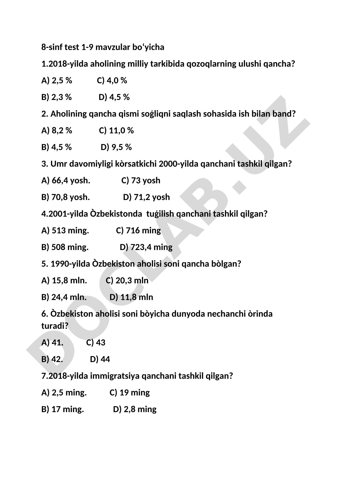 8-sinf test 1-9 mavzular bo'yicha
