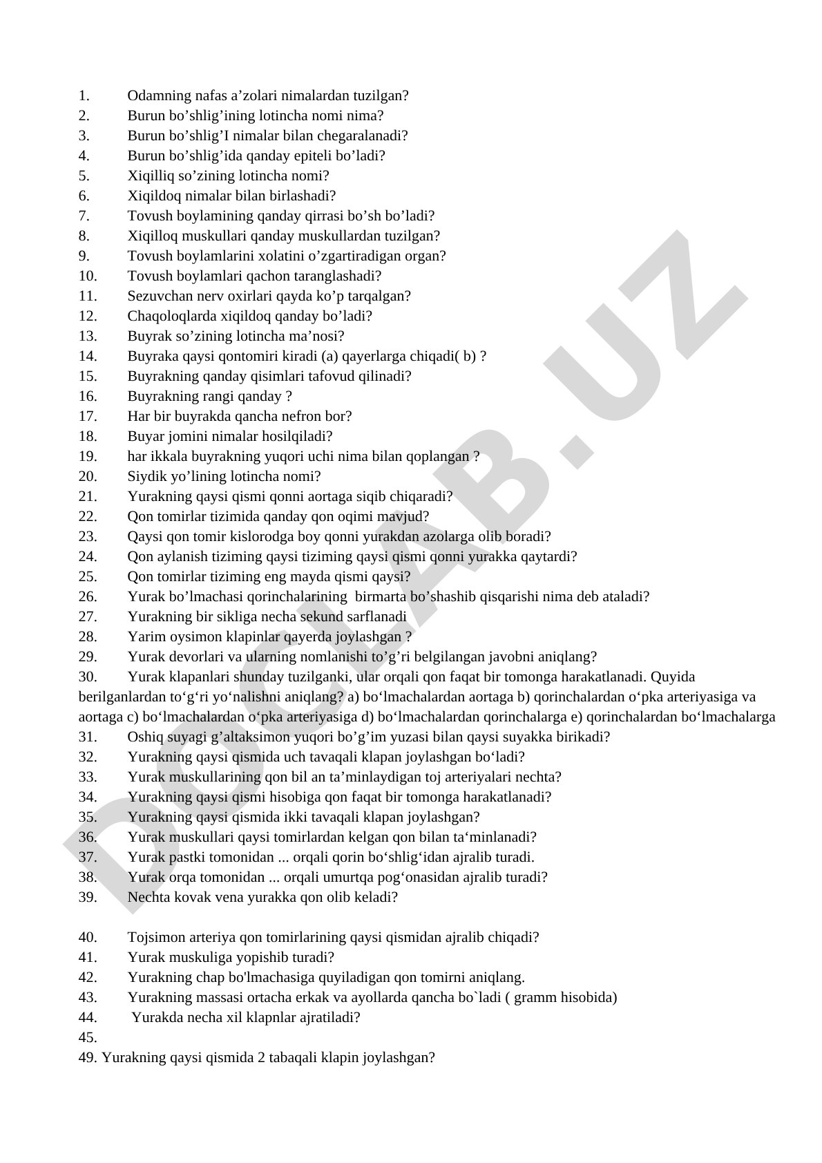 Odam anatomiyasidan savollar