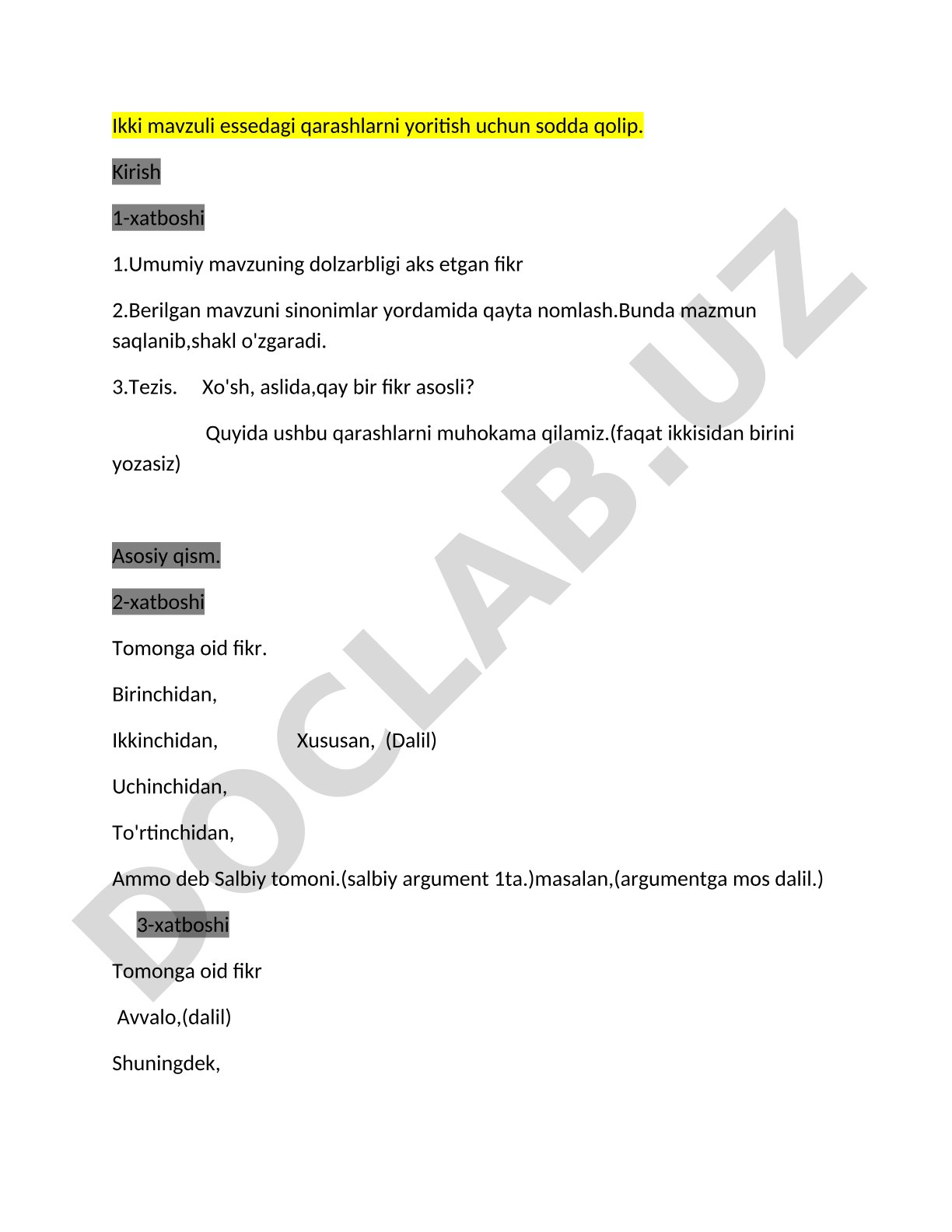 Ikki mavzuli essedagi qarashlarni yoritish uchun sodda qolip