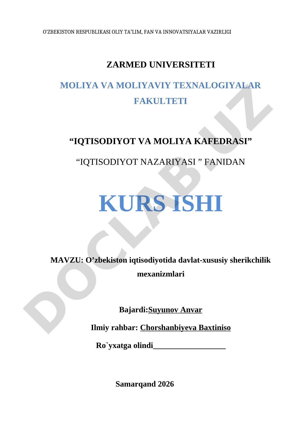 O’zbekiston iqtisodiyotida davlat-xususiy sherikchilik mexanizmlari