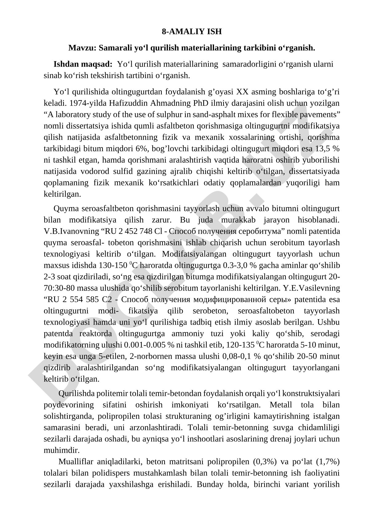 Samarali yo‘l qurilish materiallarining tarkibini o‘rganish