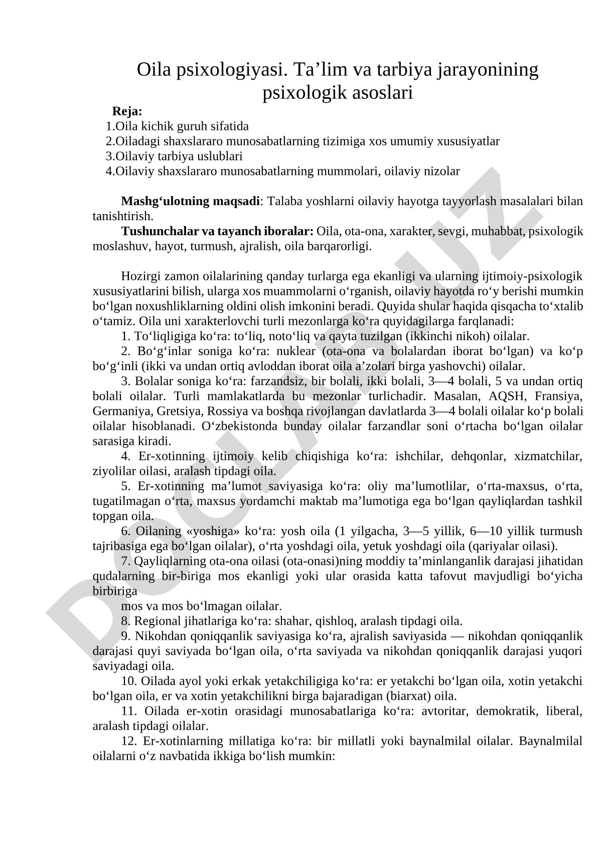 Oila psixologiyasi. Ta’lim va tarbiya jarayonining psixologik asoslari