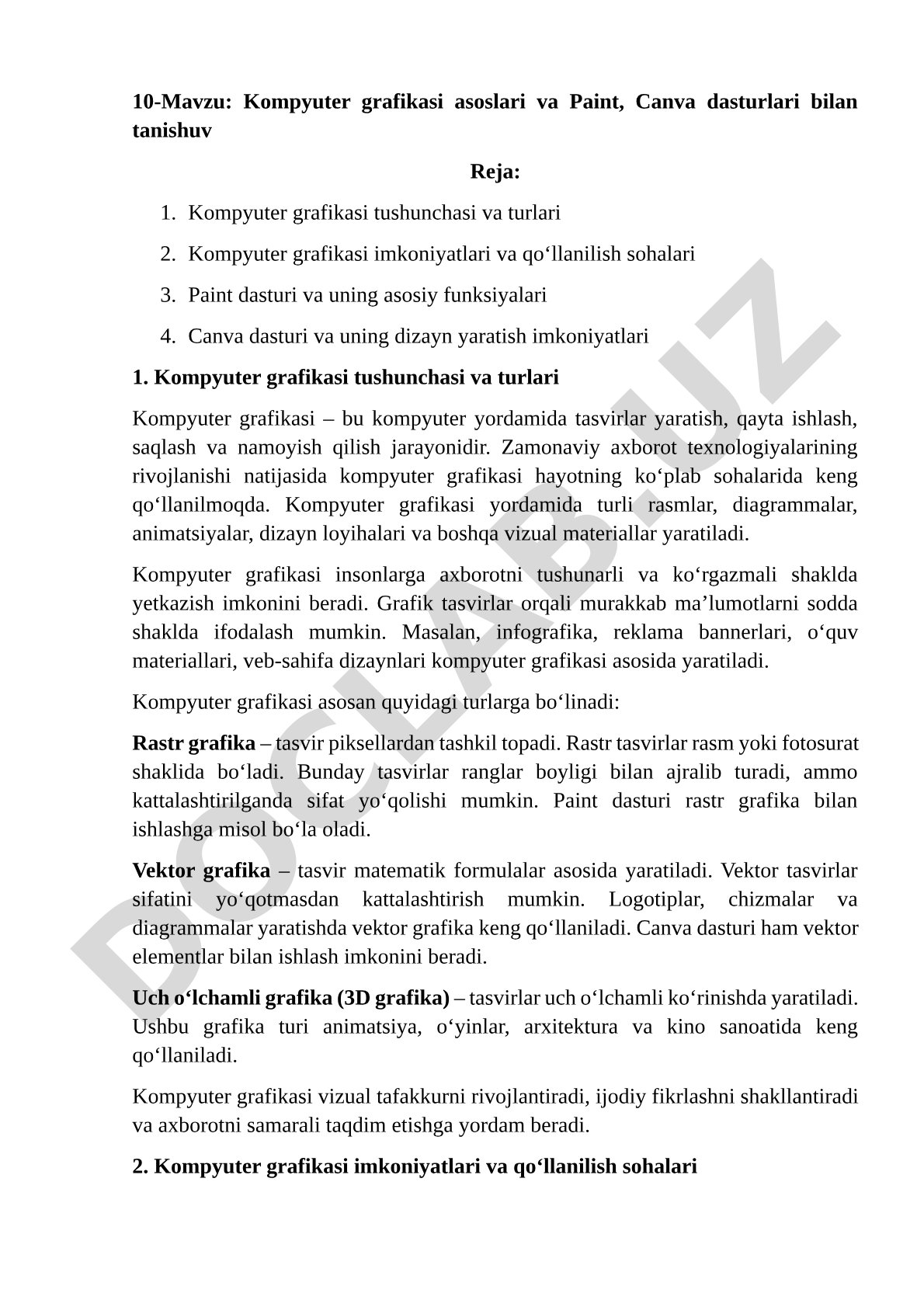 Kompyuter grafikasi asoslari va Paint, Canva dasturlari bilan tanishuv
