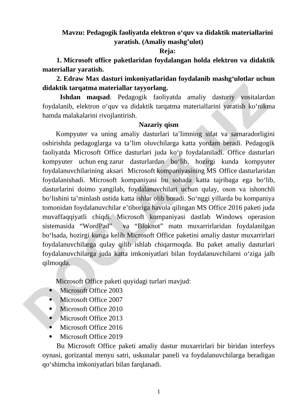 Pedagogik faoliyatda elektron o‘quv va didaktik materiallarini yaratish (Amaliy mashg‘ulot)