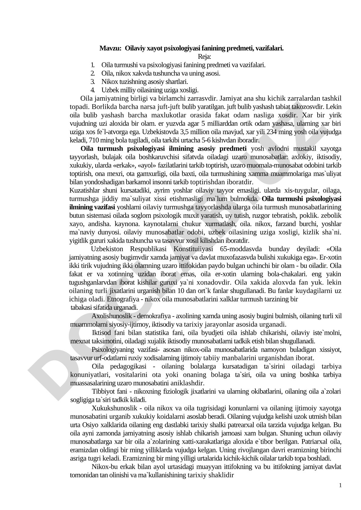Oilaviy xayot psixologiyasi fanining predmeti, vazifalari