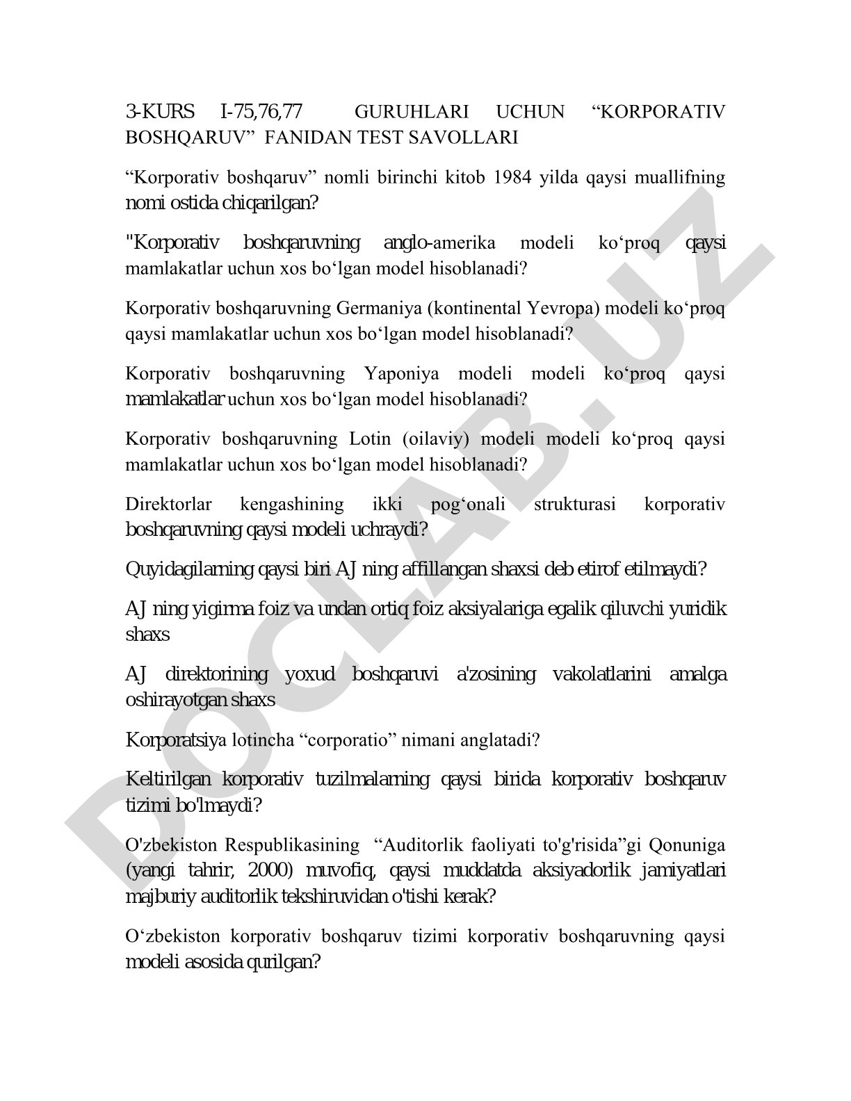 Korporativ boshqaruv fanidan test savollari