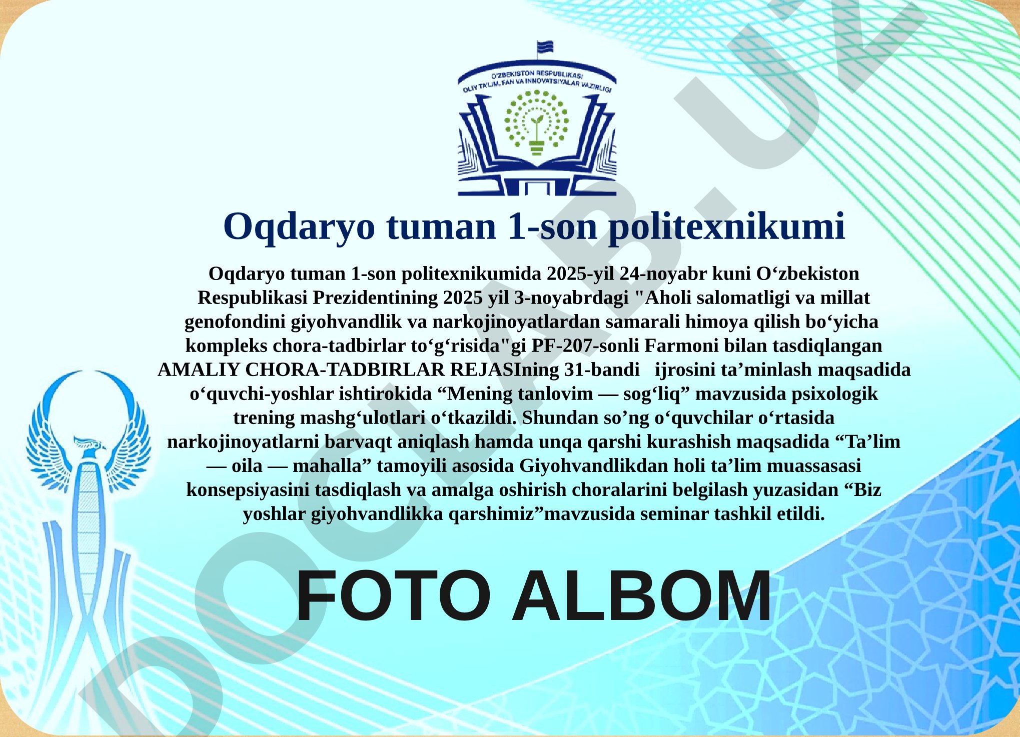 Mening tanlovim — sog‘liq mavzusida psixologik trening va seminar