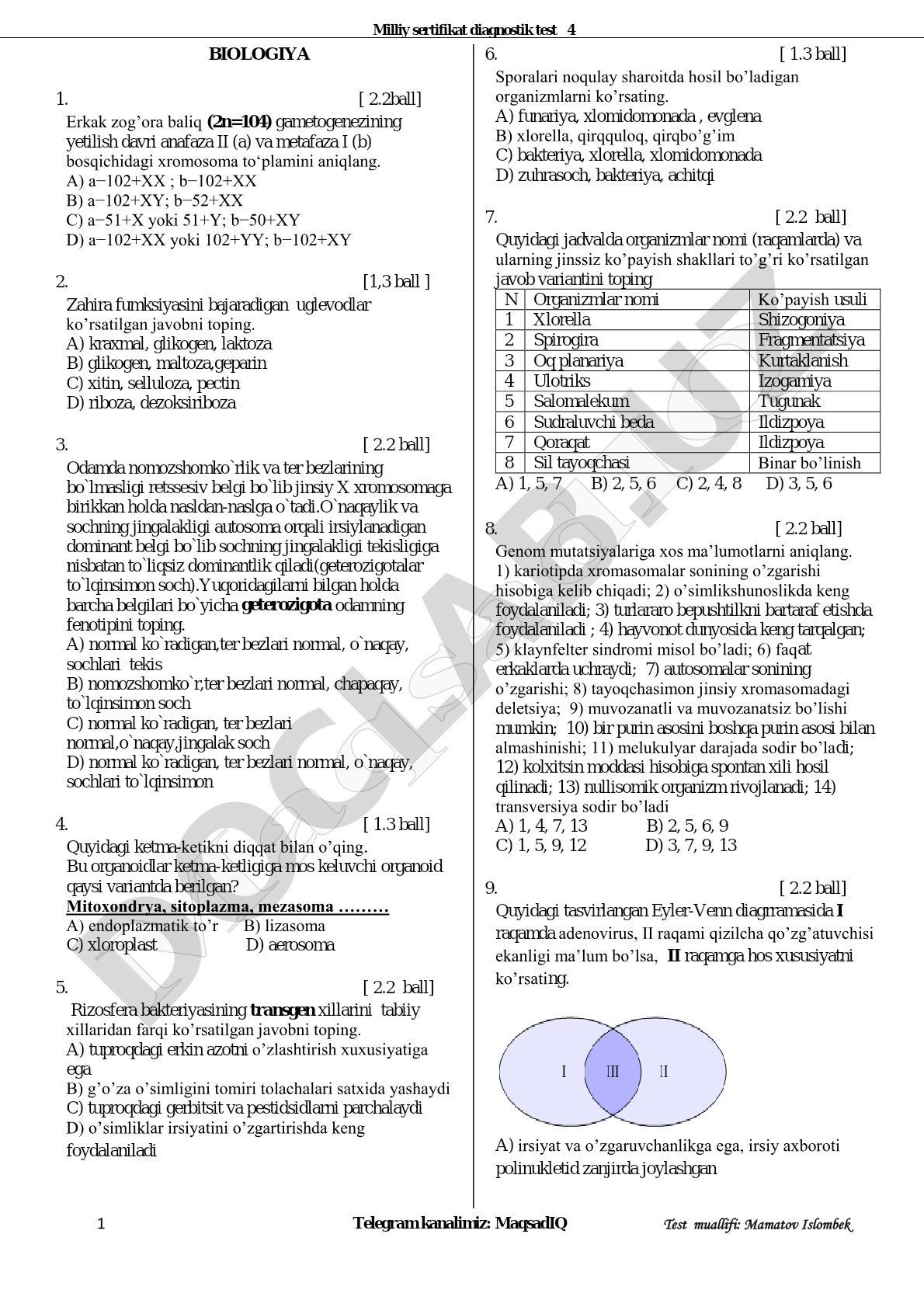 Biologiya fanidan milliy sertifikat diagnostik test