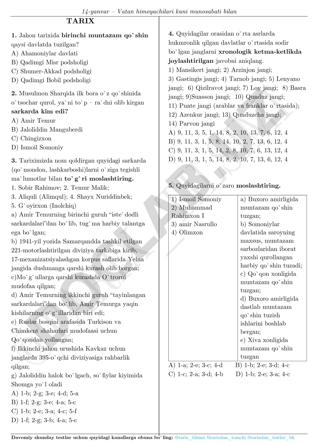 Vatan himoyachilari kuniga oid tarix testlari