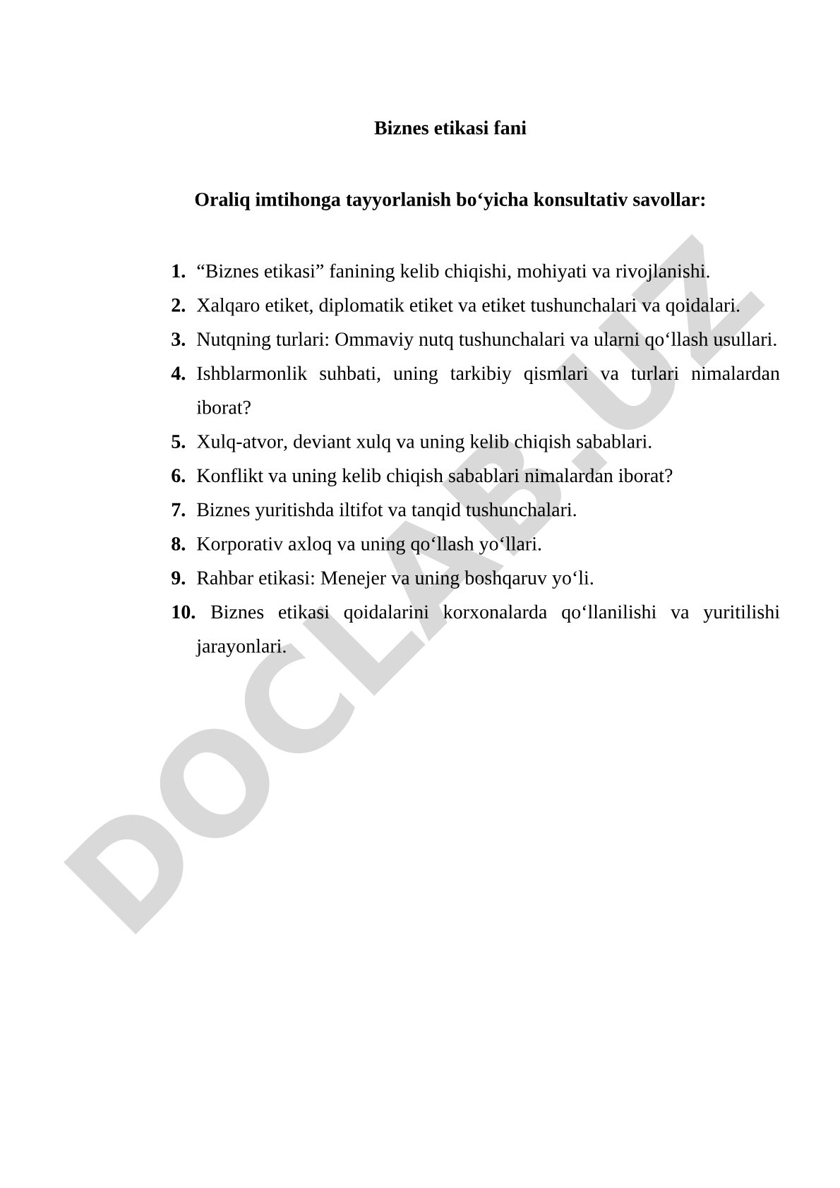 Biznes etikasi fani Oraliq imtihonga tayyorlanish bo‘yicha konsultativ savollar