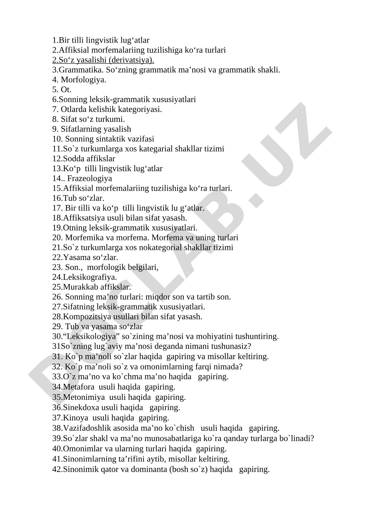 Leksikologiya, morfemika, morfologiya va leksikografiya bo‘yicha savollar