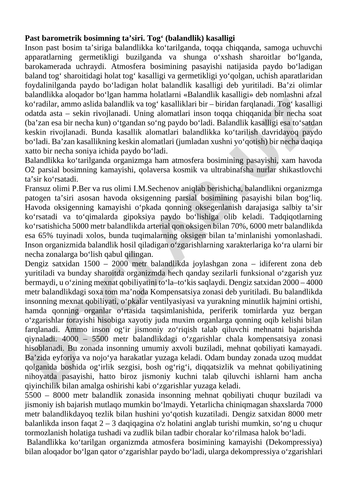 Past barometrik bosimning ta’siri. Tog‘ (balandlik) kasalligi
