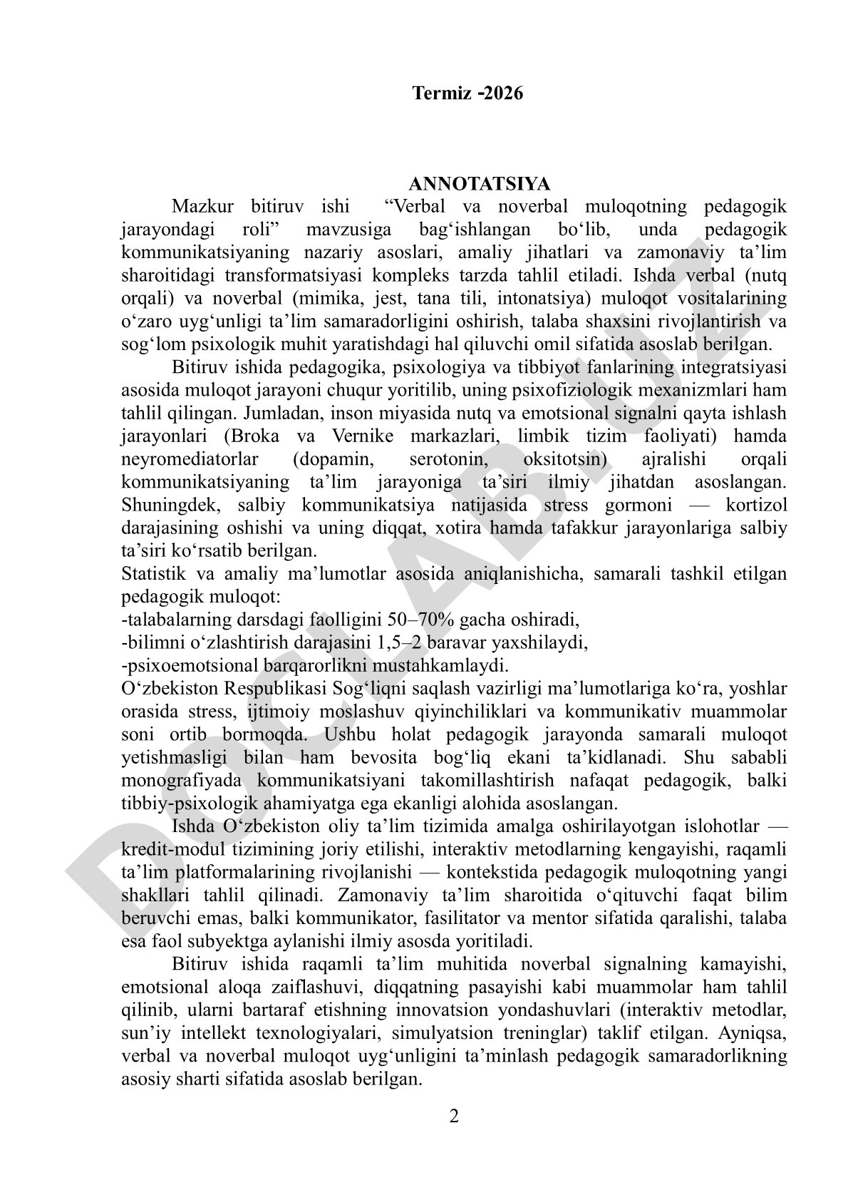 Verbal va noverbal muloqotning pedagogik jarayondagi roli
