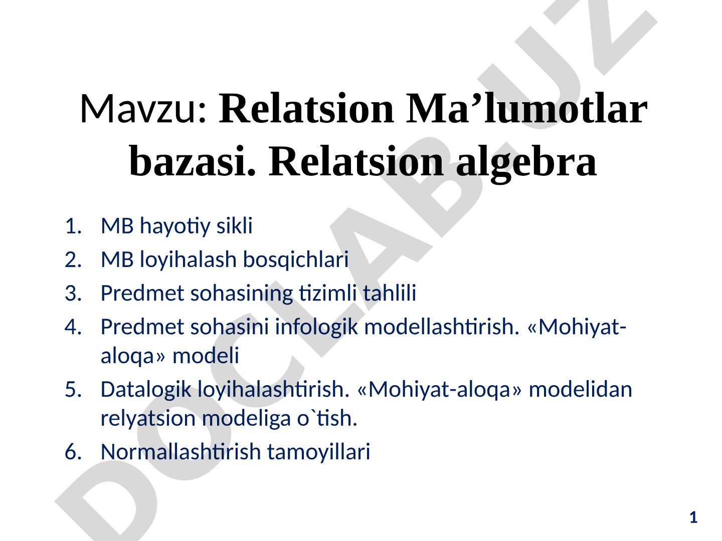 Relatsion Ma’lumotlar bazasi. Relatsion algebra