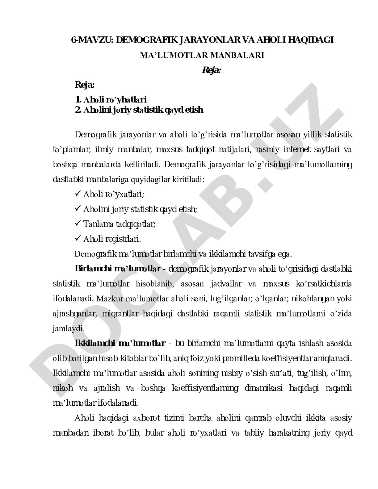 Demografik jarayonlar va aholi haqidagi ma'lumotlar manbalari