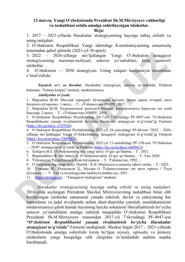 Yangi O‘zbekistonda Prezident Sh.M.Mirziyoyev rahbarligi va tashabbusi ostida amalga oshirilayotgan islohotlar
