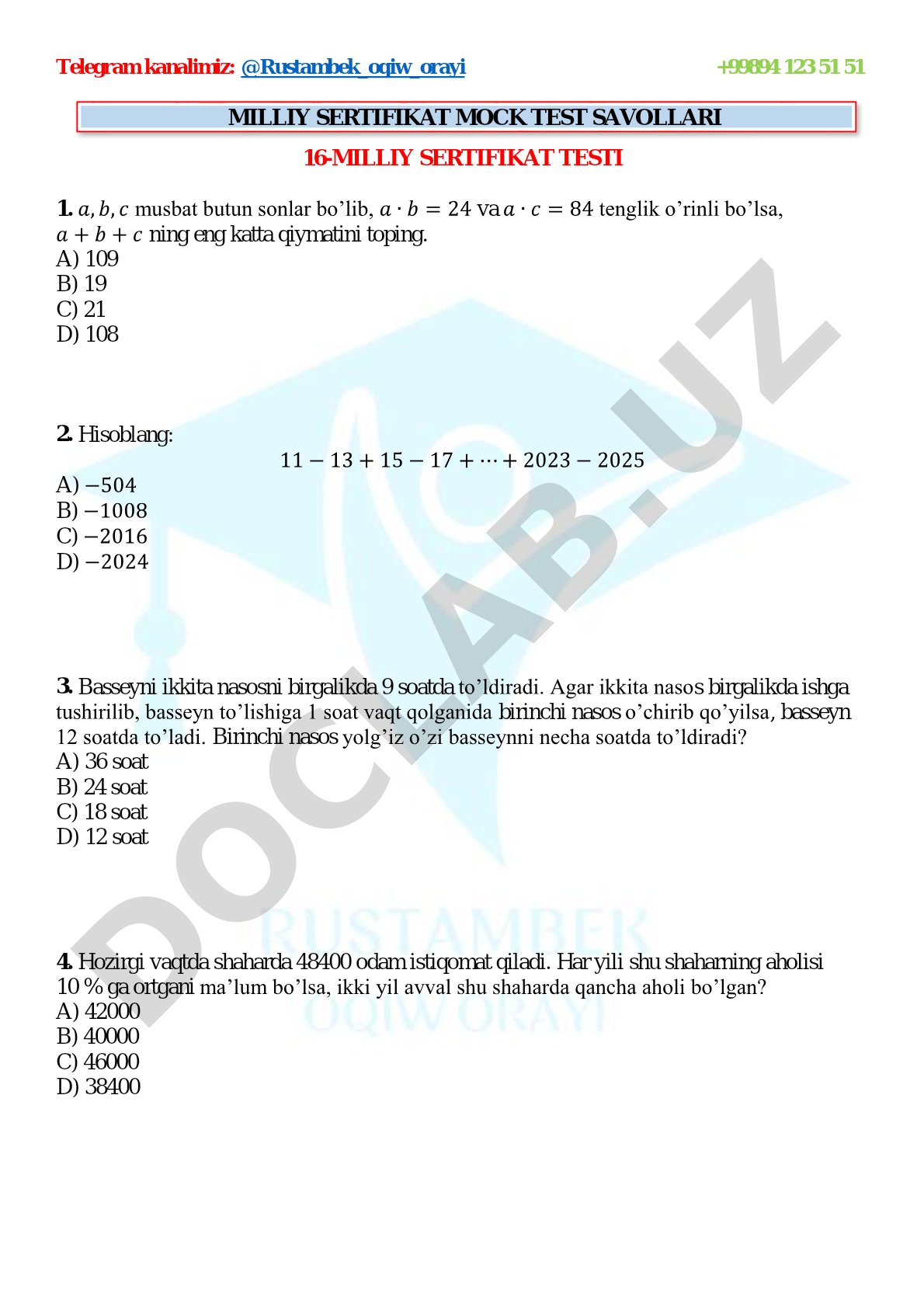 MILLIY SERTIFIKAT MOCK TEST SAVOLLARI