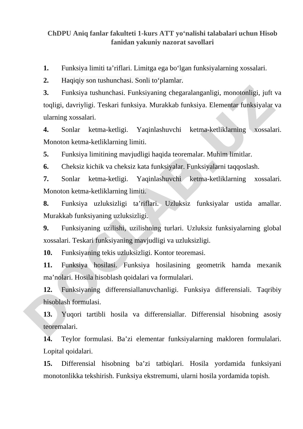 Funksiya limiti, uzluksizlik va hosila mavzusidagi yakuniy nazorat savollari