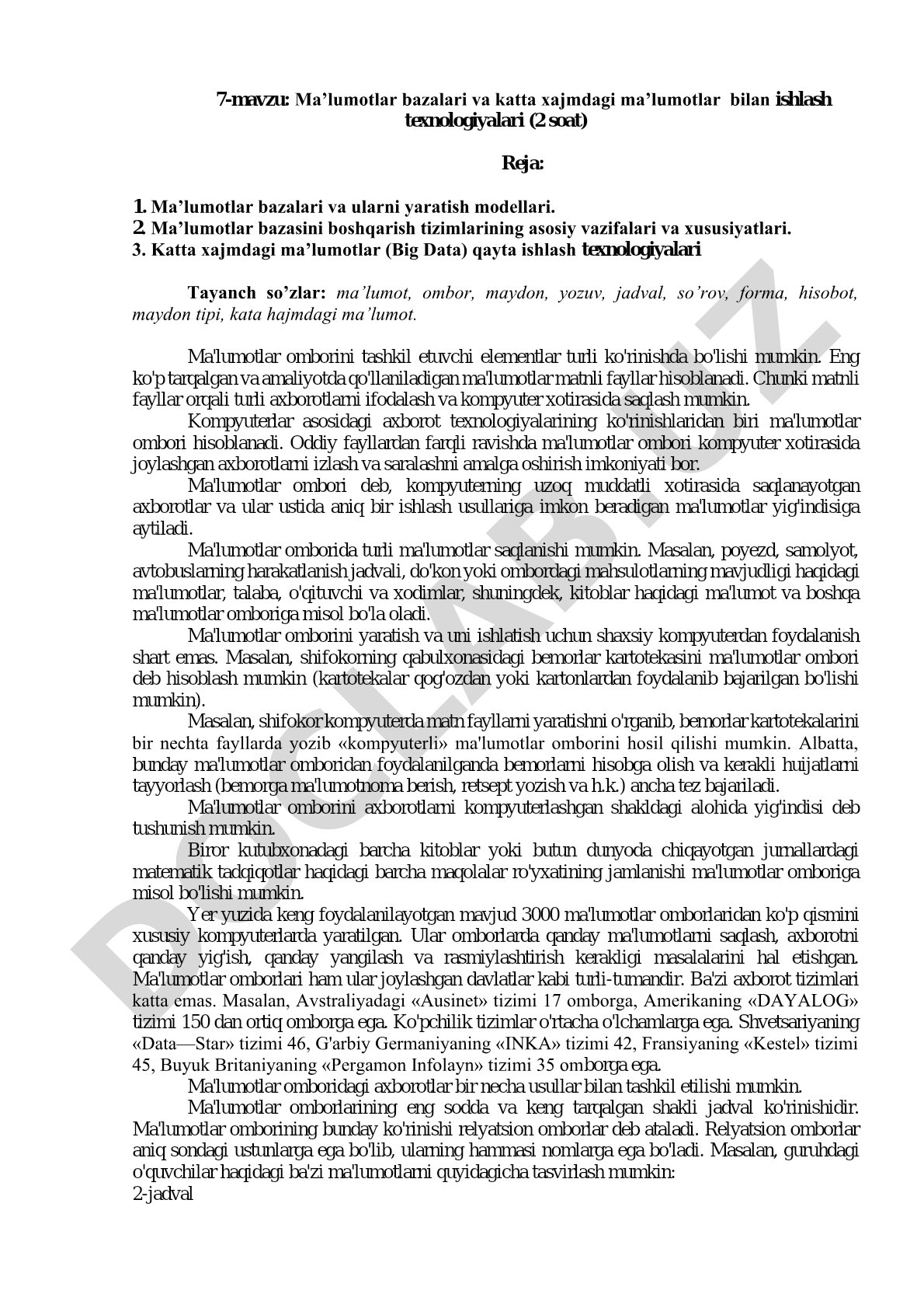 Ma’lumotlar bazalari va katta xajmdagi ma’lumotlar bilan ishlash texnologiyalari