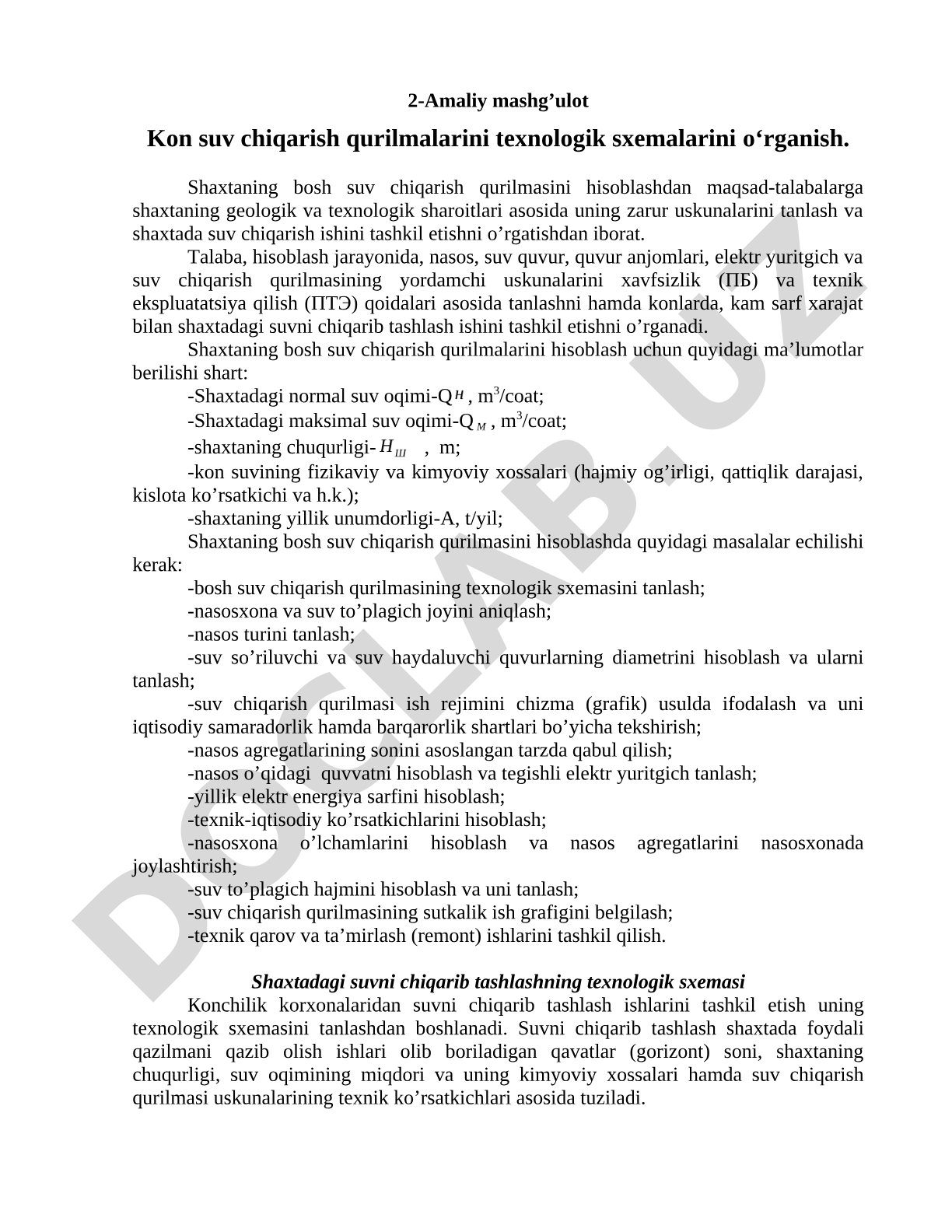 Kon suv chiqarish qurilmalarini texnologik sxemalarini o‘rganish