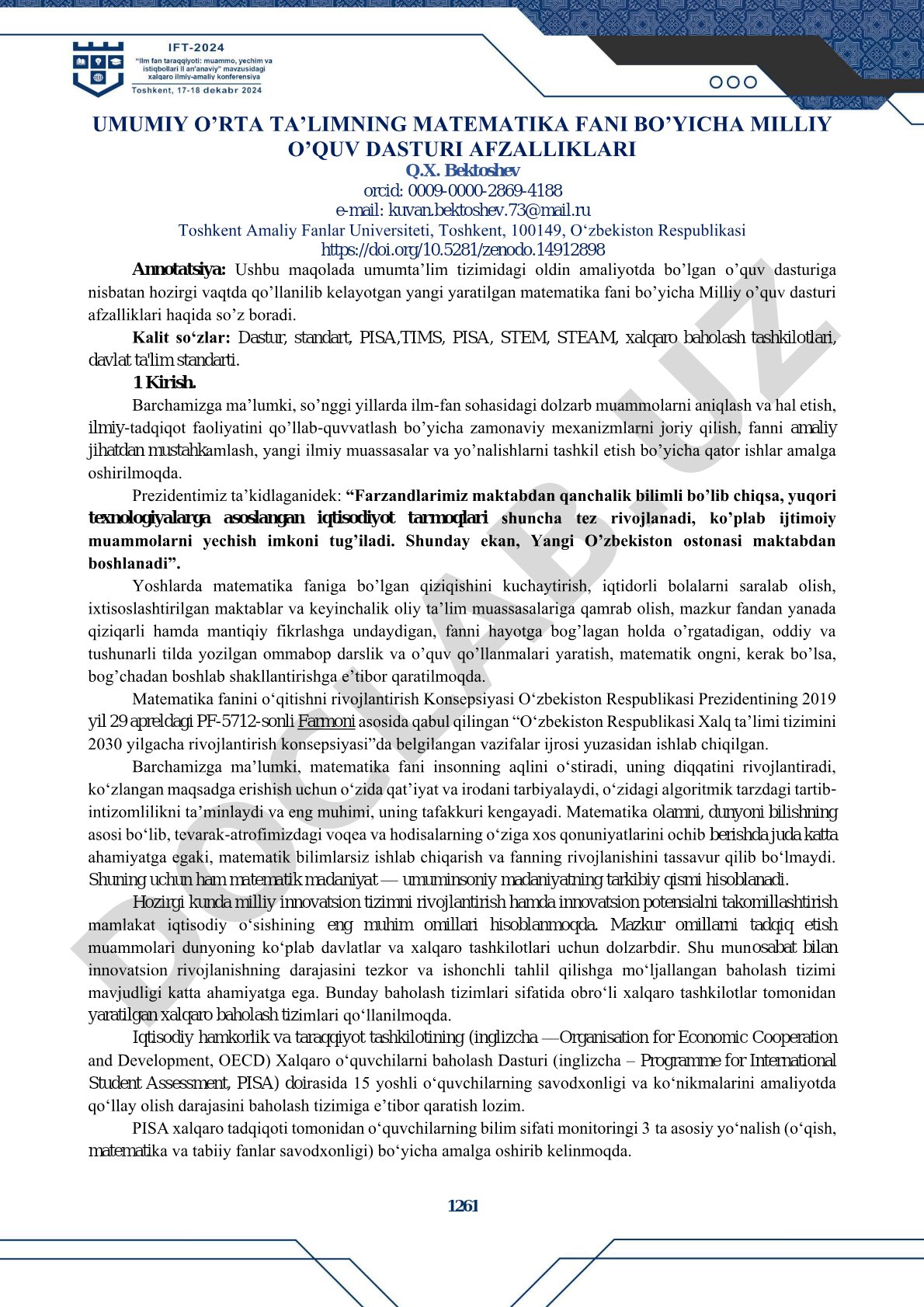 UMUMIY O’RTA TA’LIMNING MATEMATIKA FANI BO’YICHA MILLIY O’QUV DASTURI AFZALLIKLARI