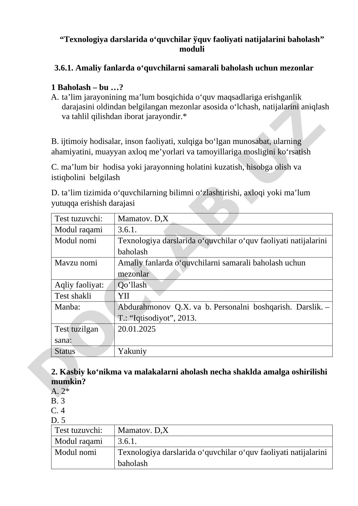 Amaliy fanlarda o'quvchilarni samarali baholash uchun mezonlar