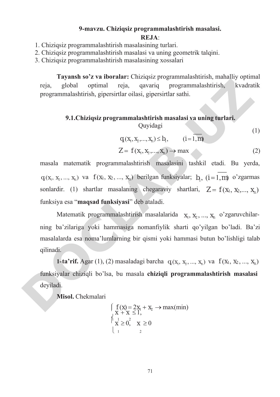 Chiziqsiz programmalashtirish masalasi