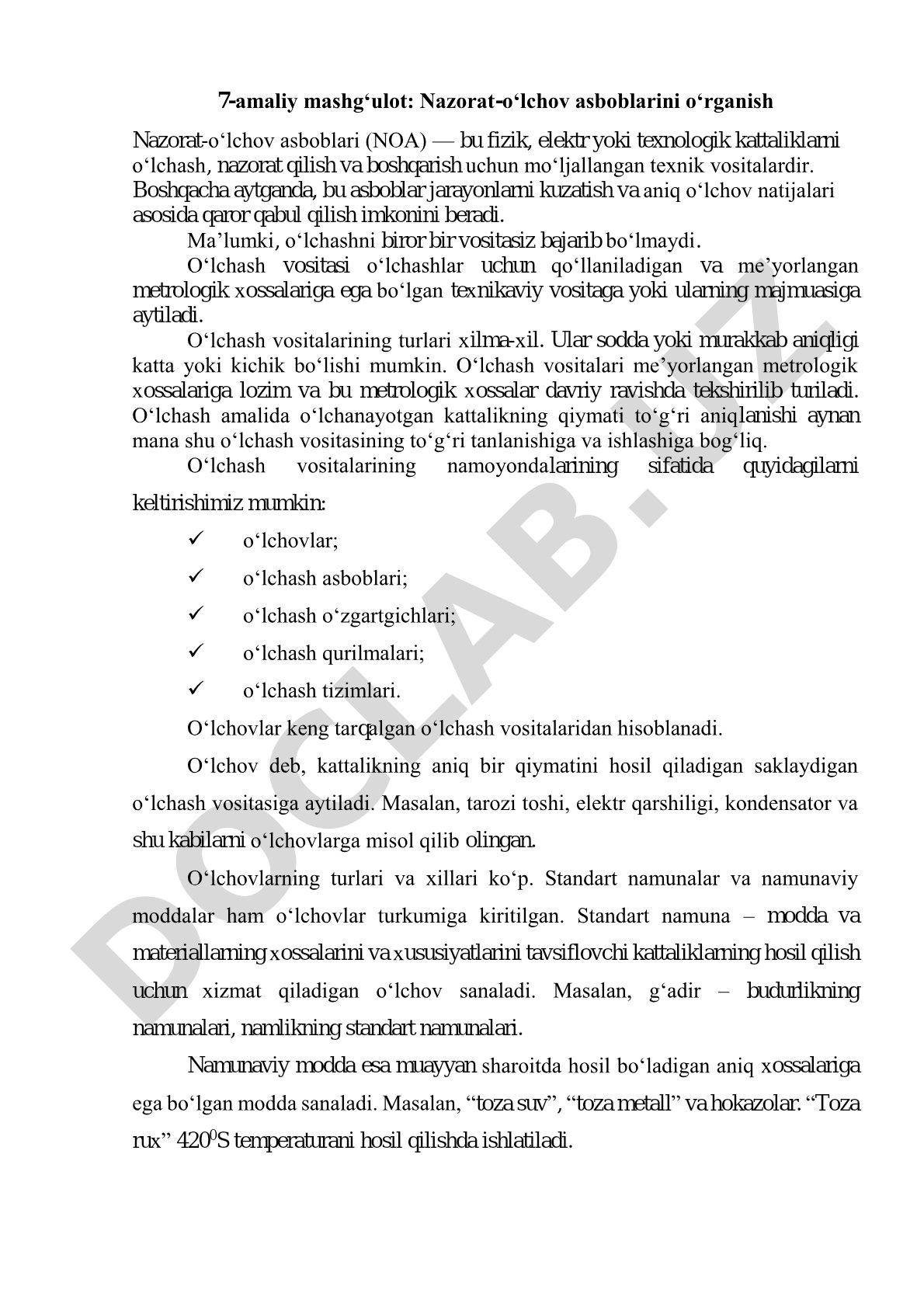 Nazorat-o‘lchov asboblari turlari, metrologik xossalari va o‘lchash vositalari haqida