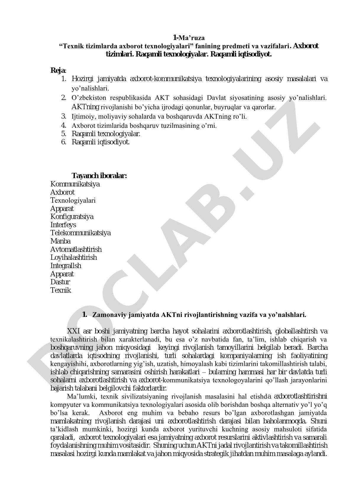 Texnik tizimlarda axborot texnologiyalari fanining predmeti va vazifalari