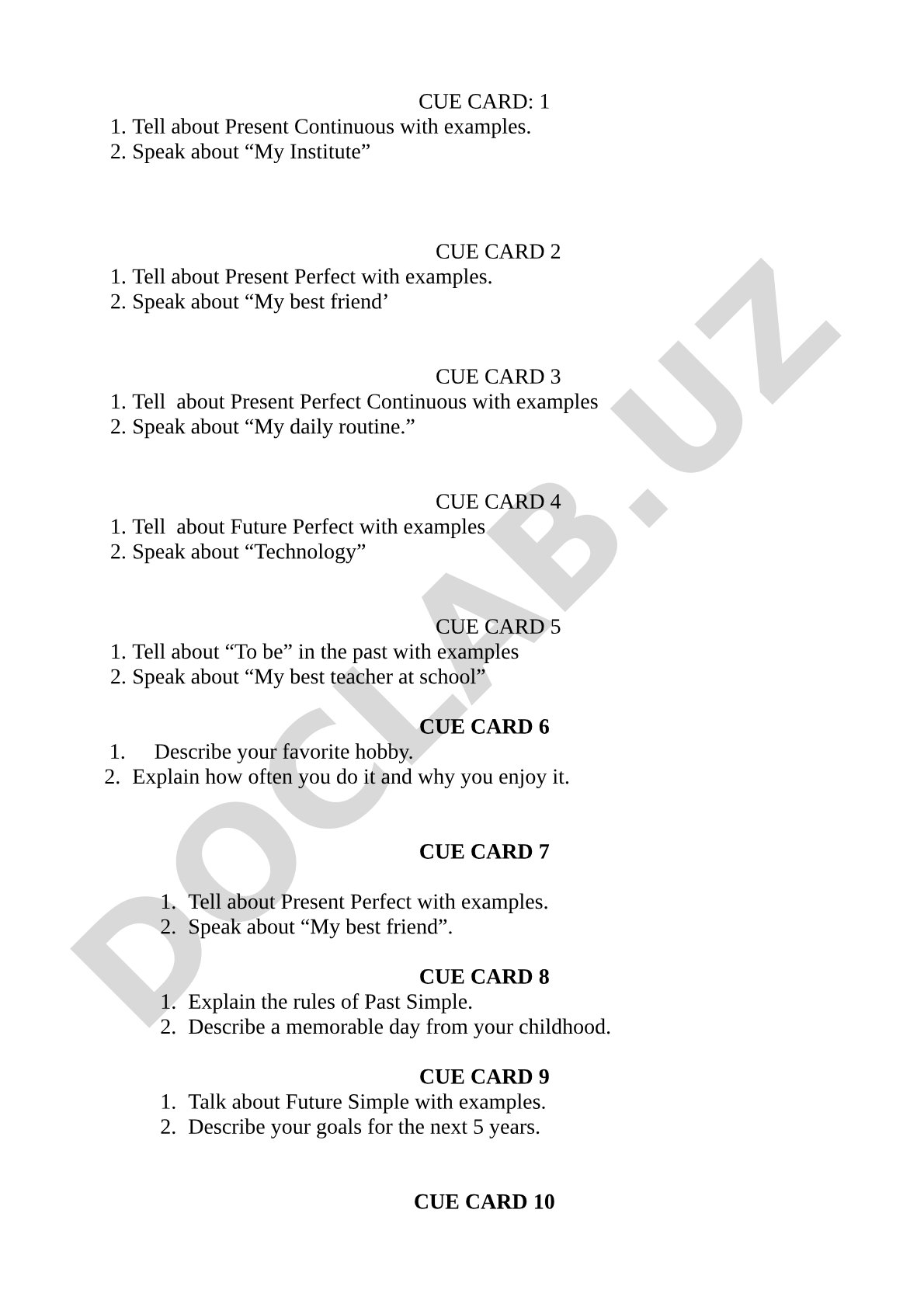 English Speaking Cue Cards with Grammar Topics