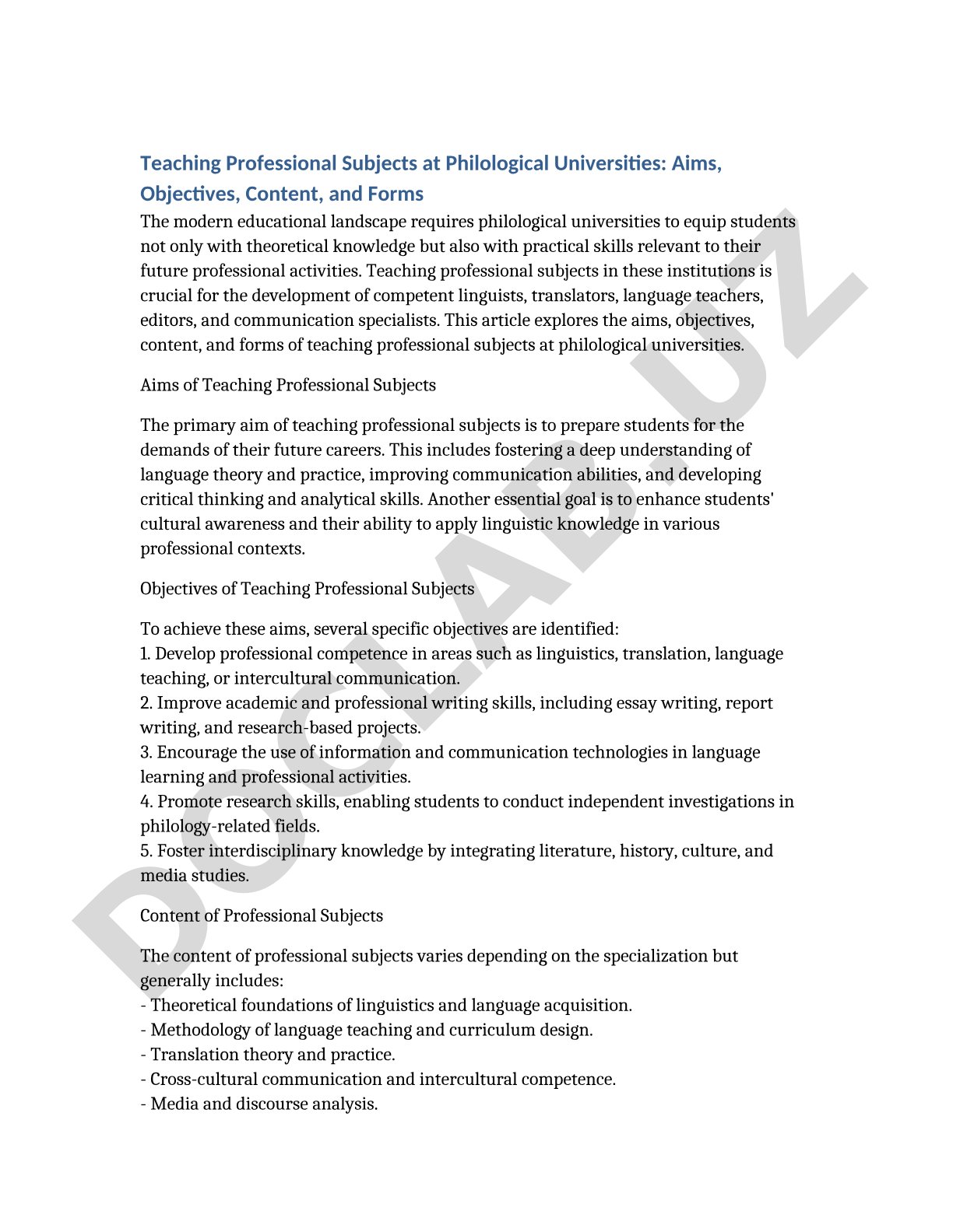 Teaching Professional Subjects at Philological Universities: Aims, Objectives, Content, and Forms
