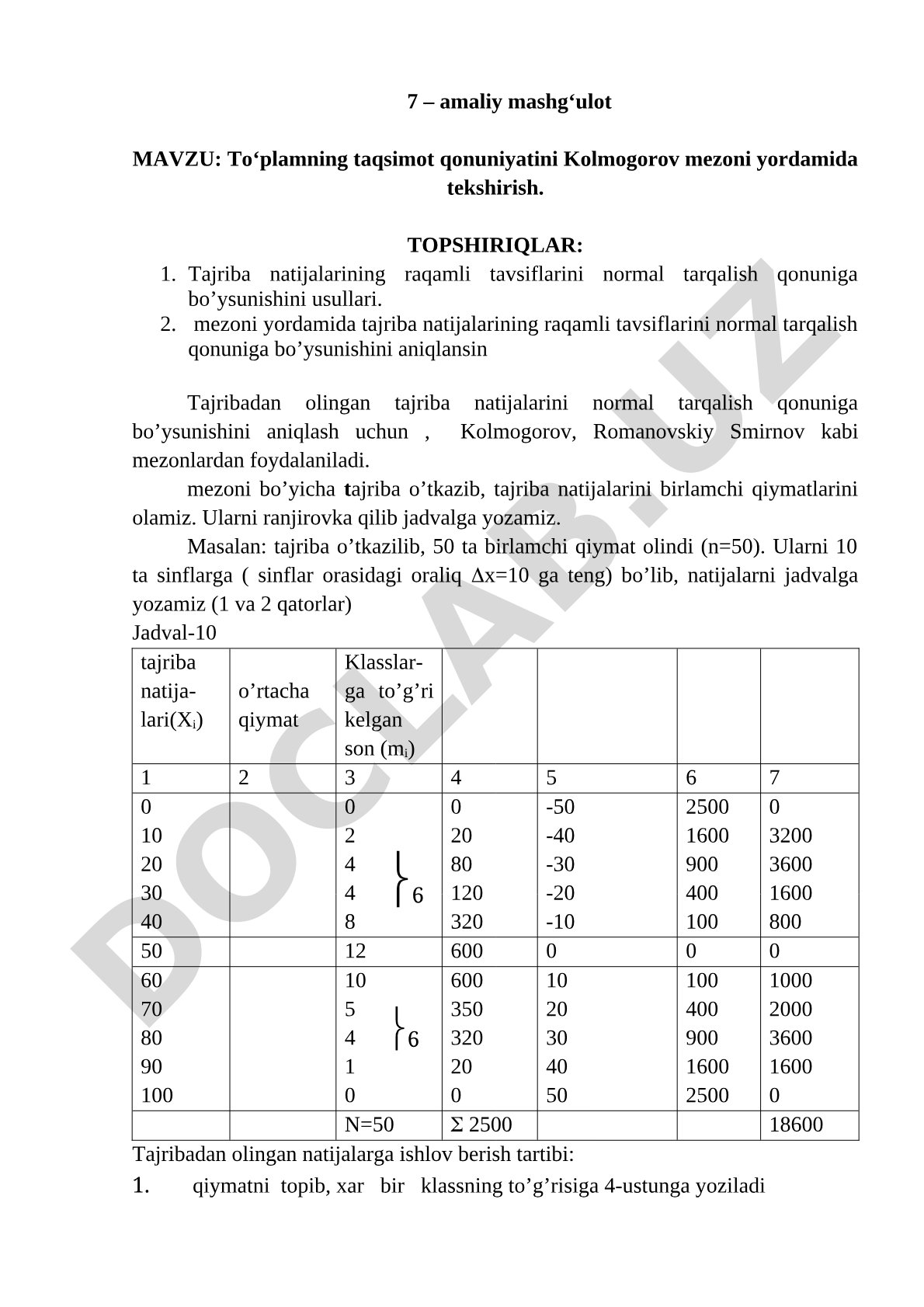 To‘plamning taqsimot qonuniyatini Kolmogorov mezoni yordamida tekshirish