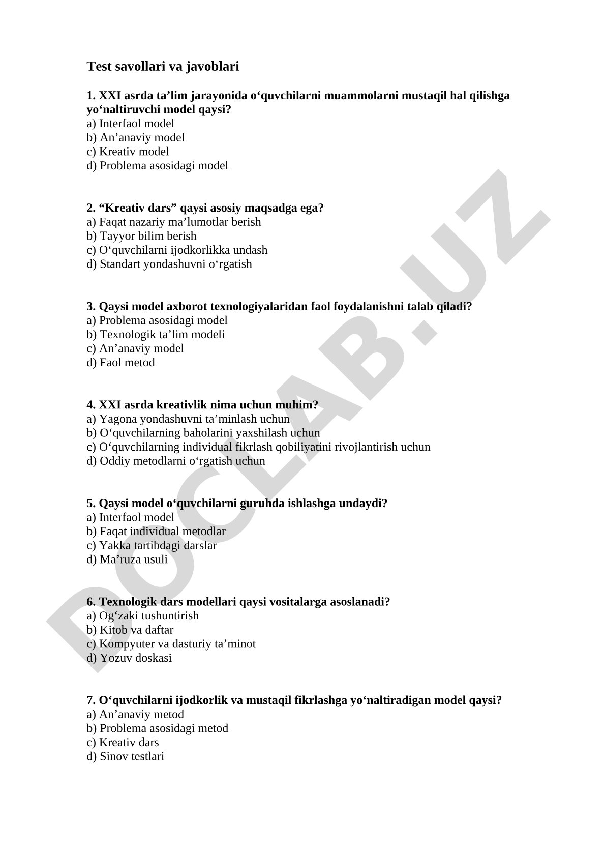 Test savollari va javoblari