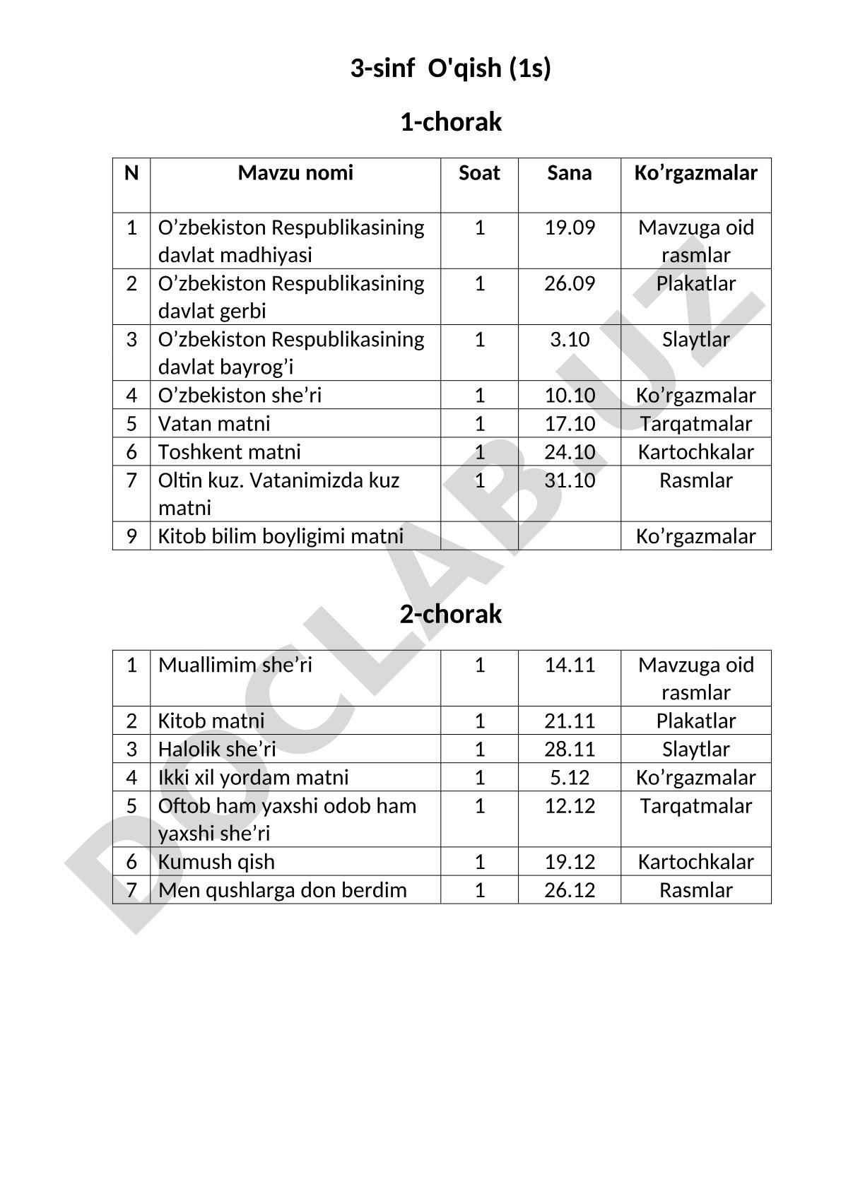 3-sinf O'qish fanidan taqvim-mavzu reja