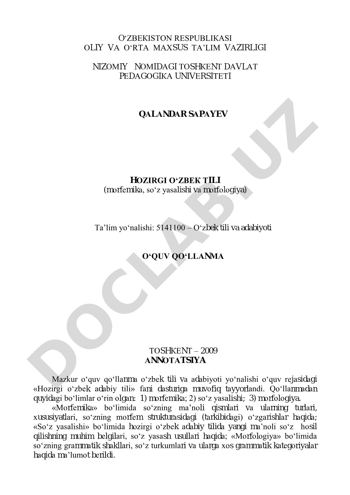 Hozirgi o‘zbek tili (morfemika, so‘z yasalishi va morfologiya)