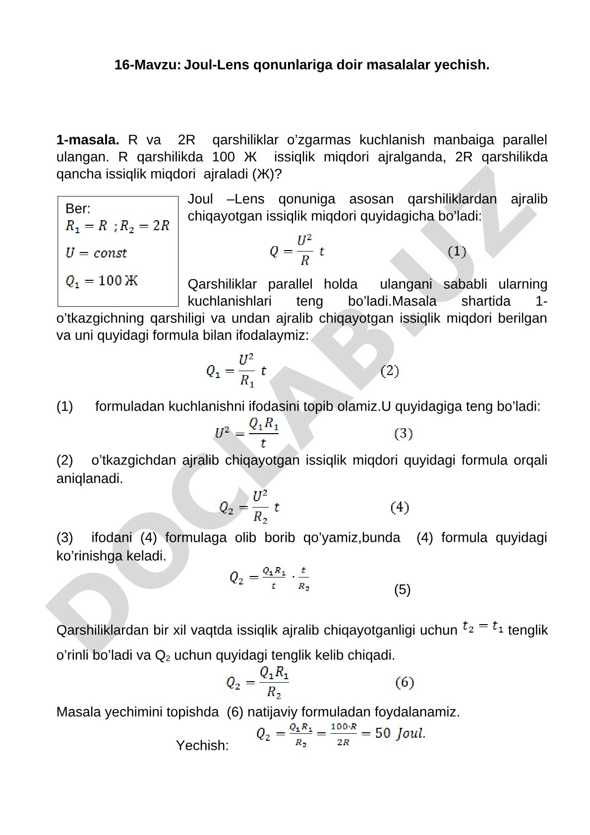 Joul-Lens qonunlariga doir masalalar yechish