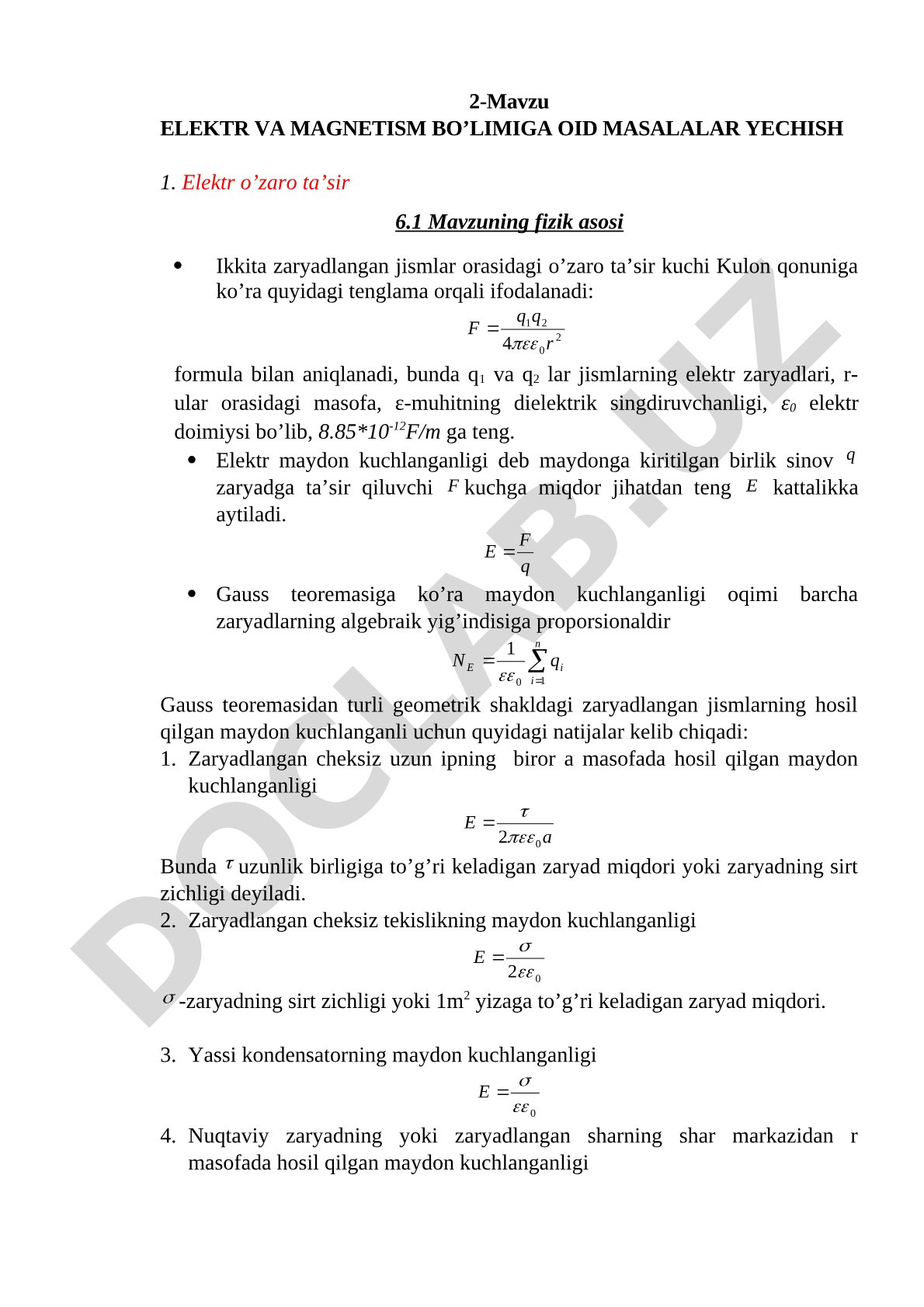 ELEKTR VA MAGNETISM BO’LIMIGA OID MASALALAR YECHISH