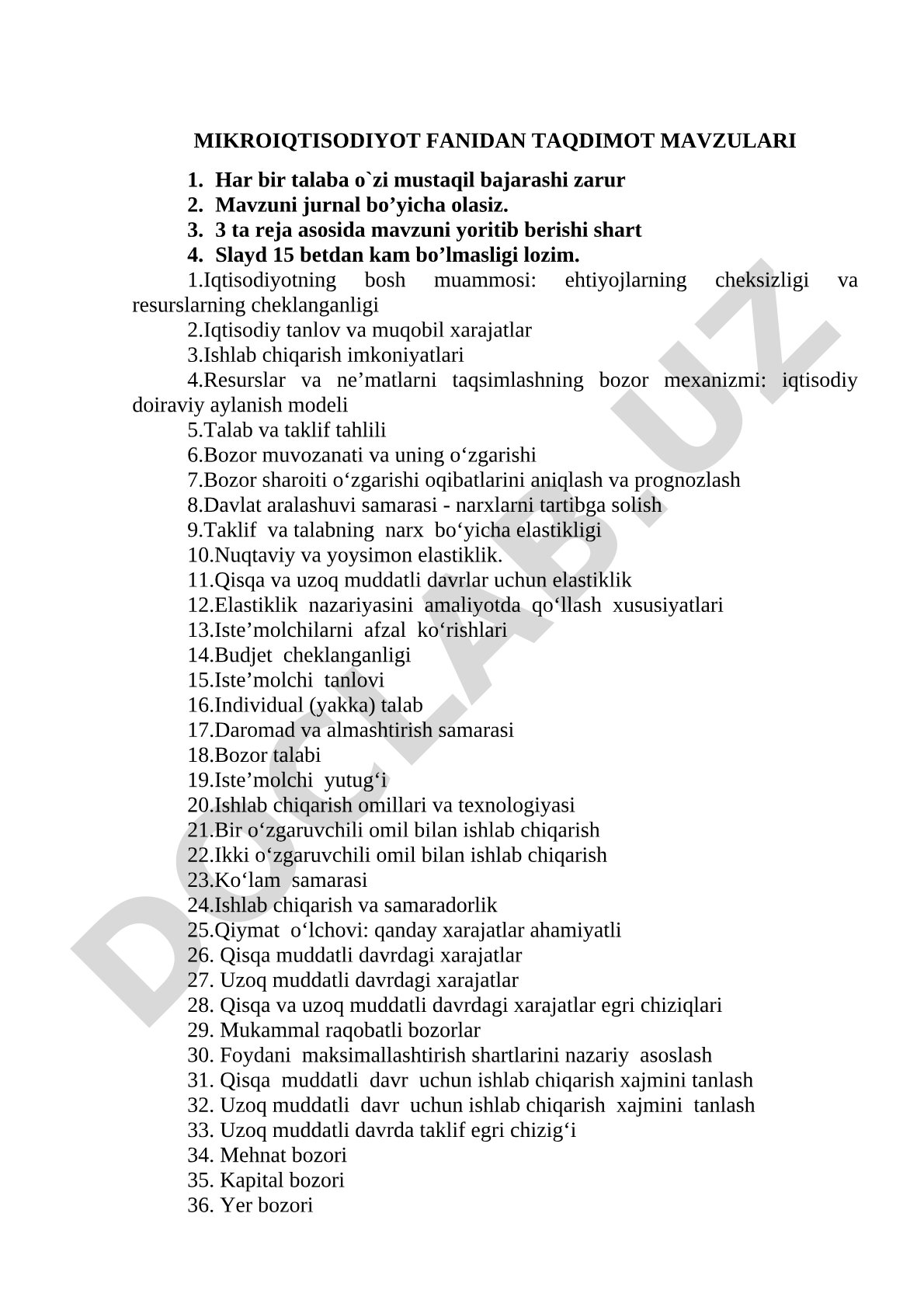 Mikroiqtisodiyot fanidan talabalar uchun taqdimot mavzulari ro'yxati