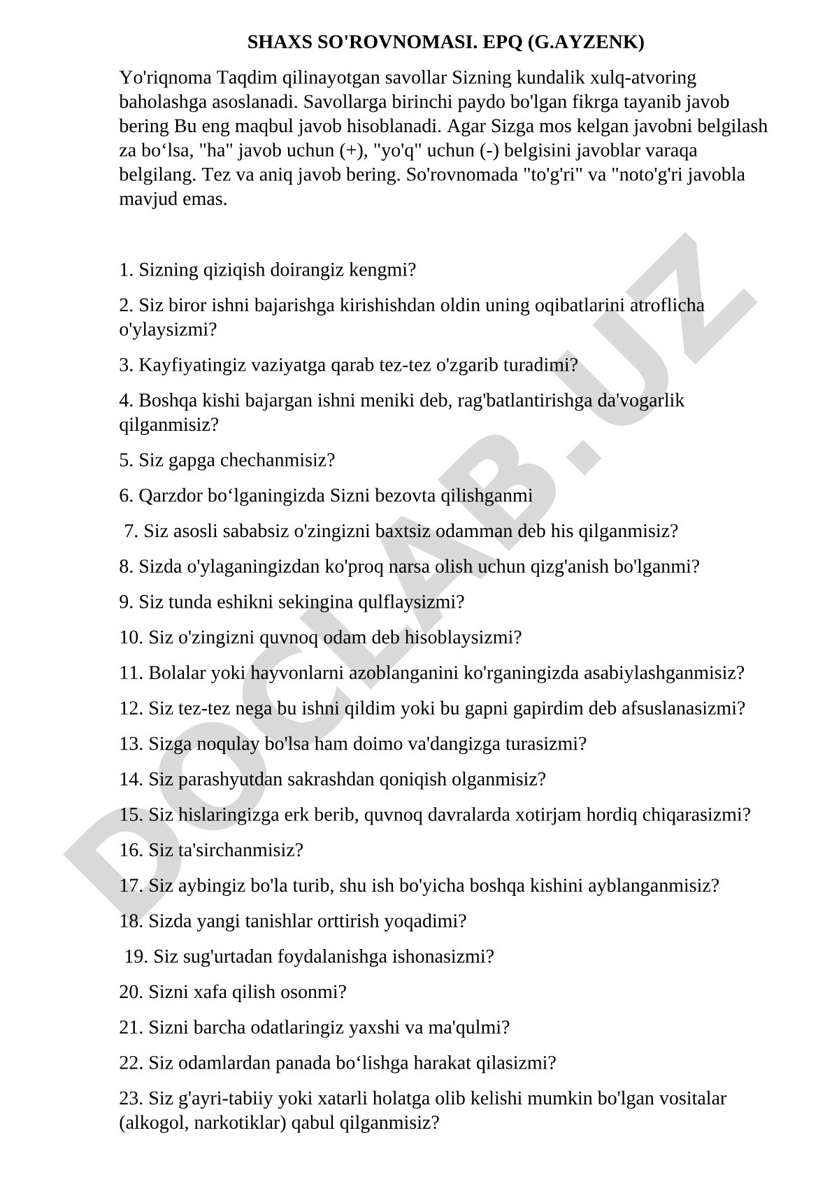 Shaxs so'rovnomasi. EPQ (G.Ayzenk)