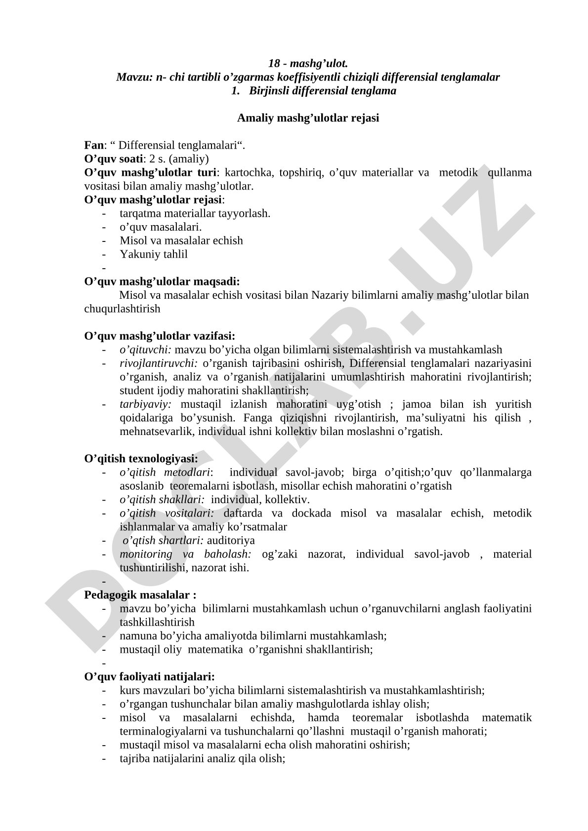 n- chi tartibli o’zgarmas koeffisiyentli chiziqli differensial tenglamalar 1. Birjinsli differensial tenglama
