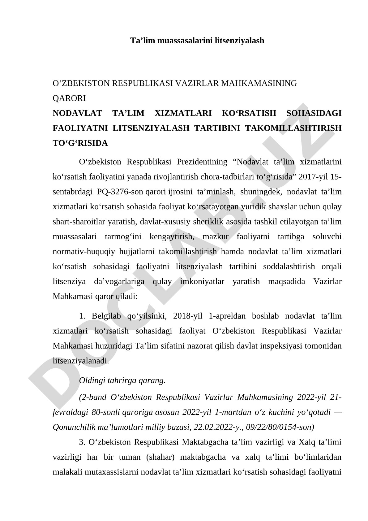 Nodavlat ta’lim xizmatlari ko‘rsatishni litsenziyalash tartibi to‘g‘risida