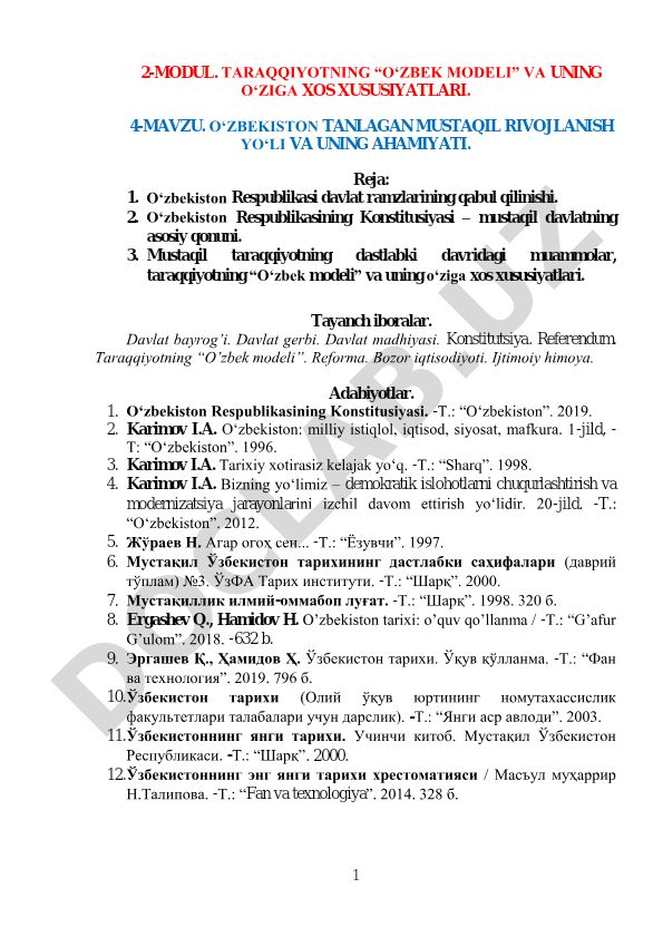 O'zbekiston tanlagan mustaqil rivojlanish yo'li va uning ahamiyati