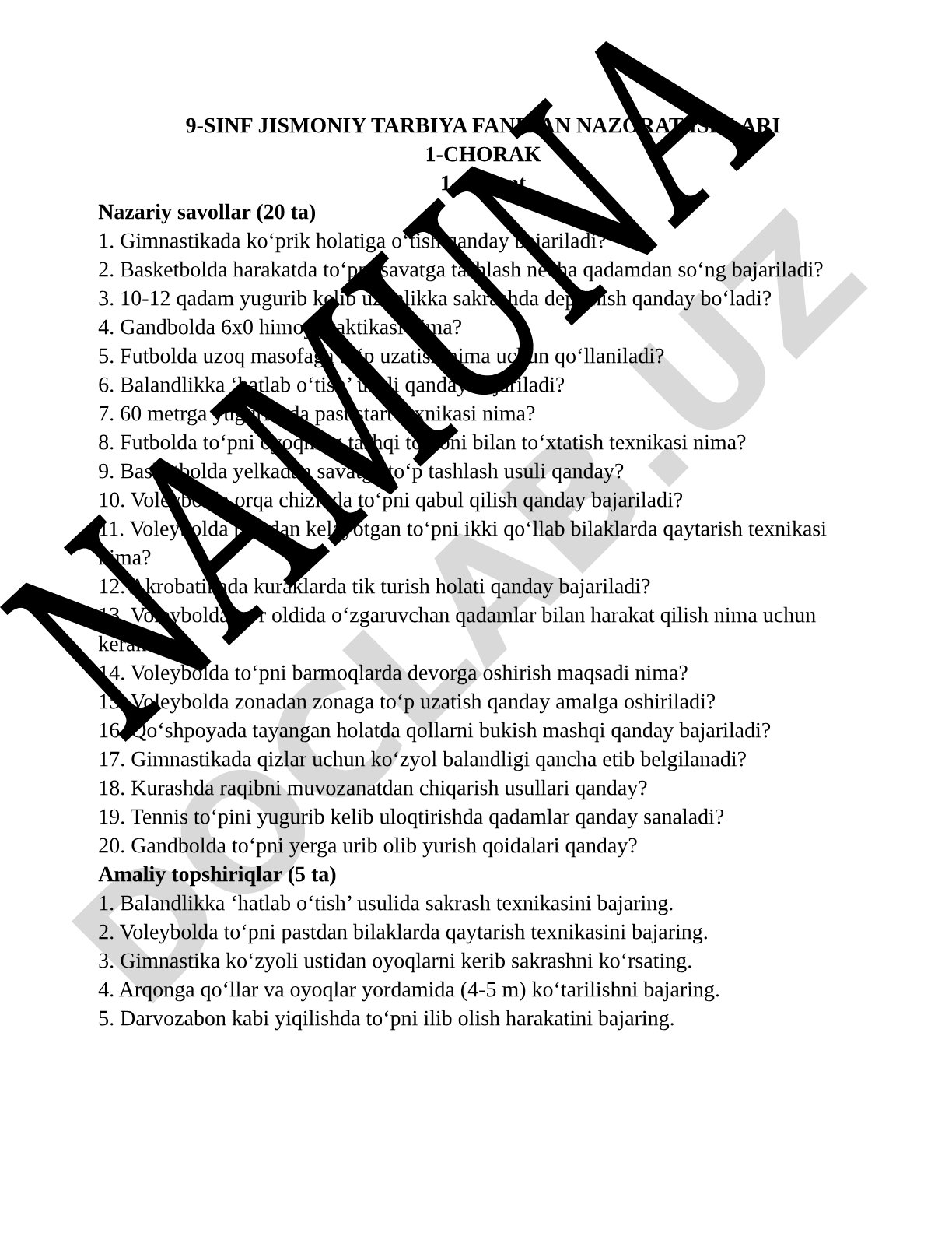 9-sinf jismoniy tarbiya fanidan nazorat ishlari 1-chorak 1-variant
