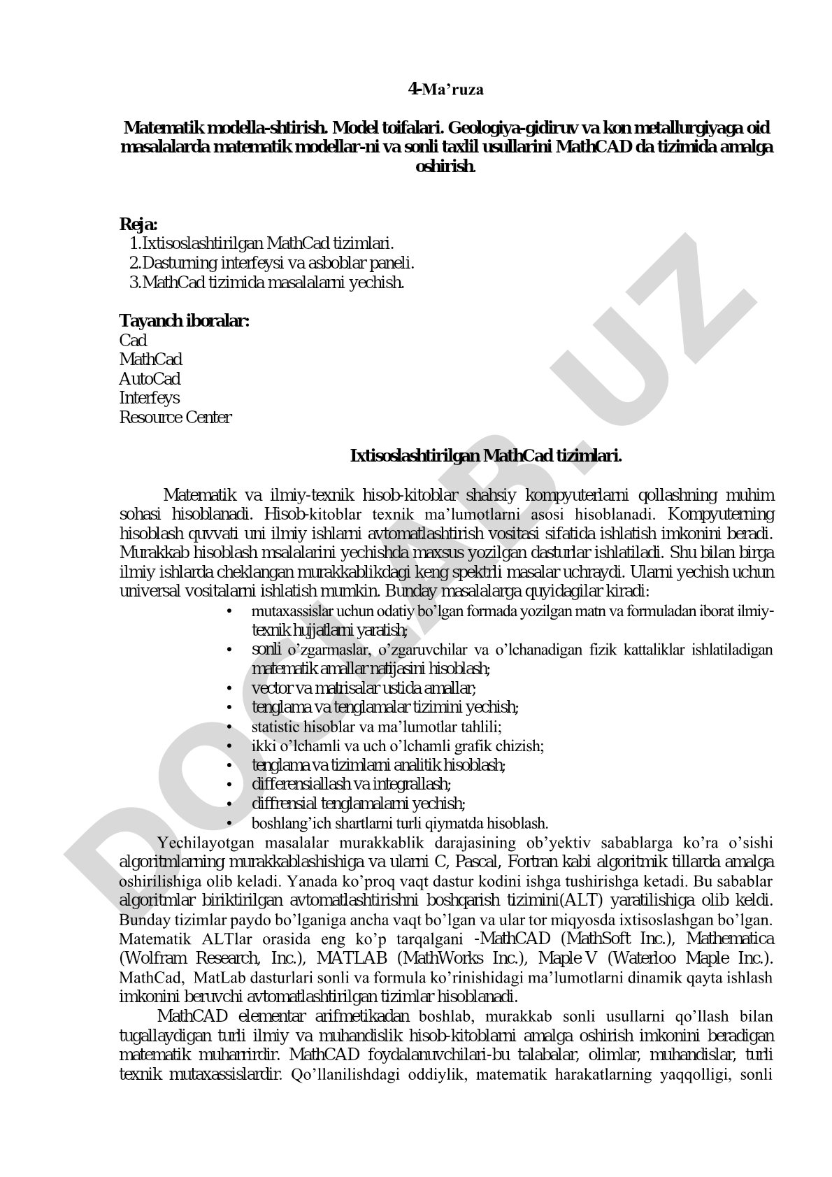 Matematik modellashtirish, model toifalari va MathCAD tizimida masalalarni yechish