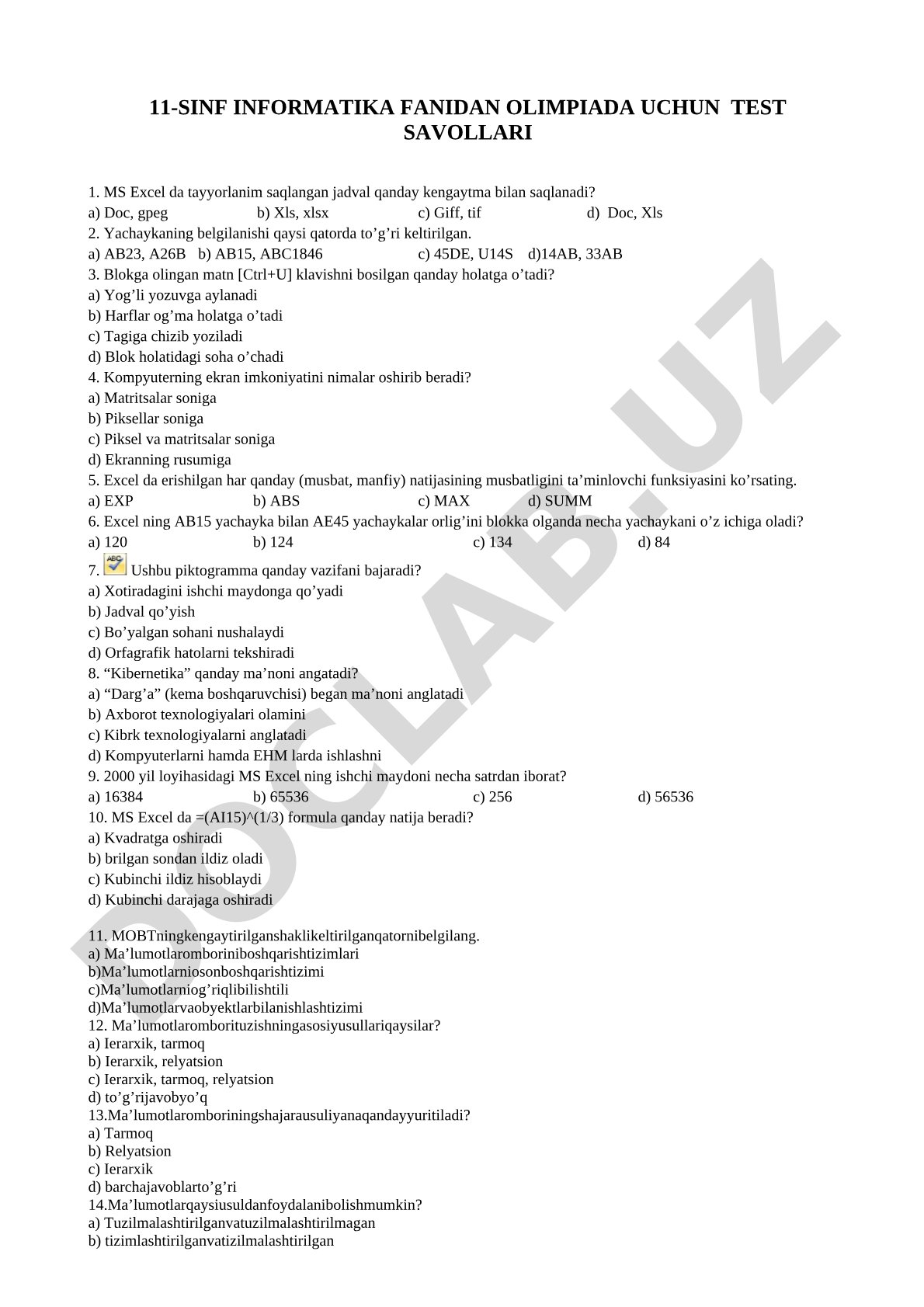 11-SINF INFORMATIKA FANIDAN OLIMPIADA UCHUN TEST SAVOLLARI